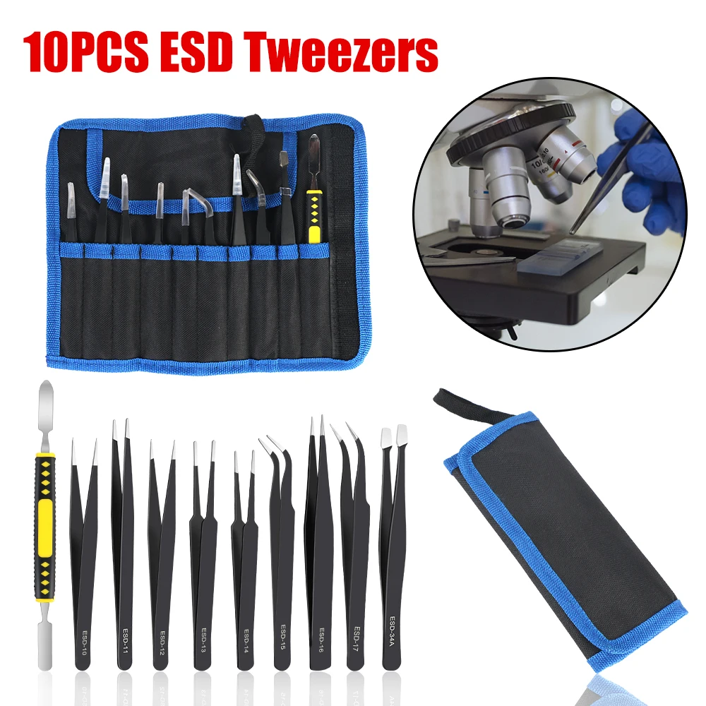 Precision Anti-Static Stainless Steel Industrial Repair Tools ESD Tweezers Curved Straight Tweezers 10Pcs/Set