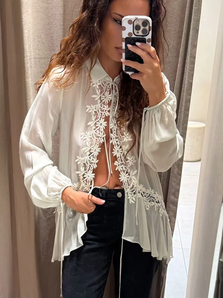 2026 Women Blouses Autumn New Lace Splice Lapel Collar Puff Sleeve Lace-up Shirt Solid Elegant Casual Female Fashion Loose Tops