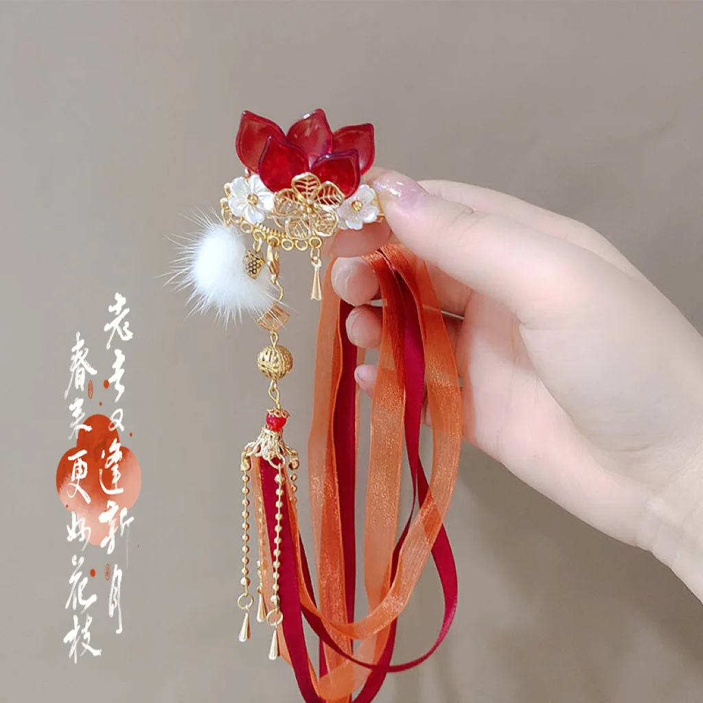 

Ancient-style Hanfu hair accessories, long tassel ribbon hair clips, festive red flower pom-pom side clips