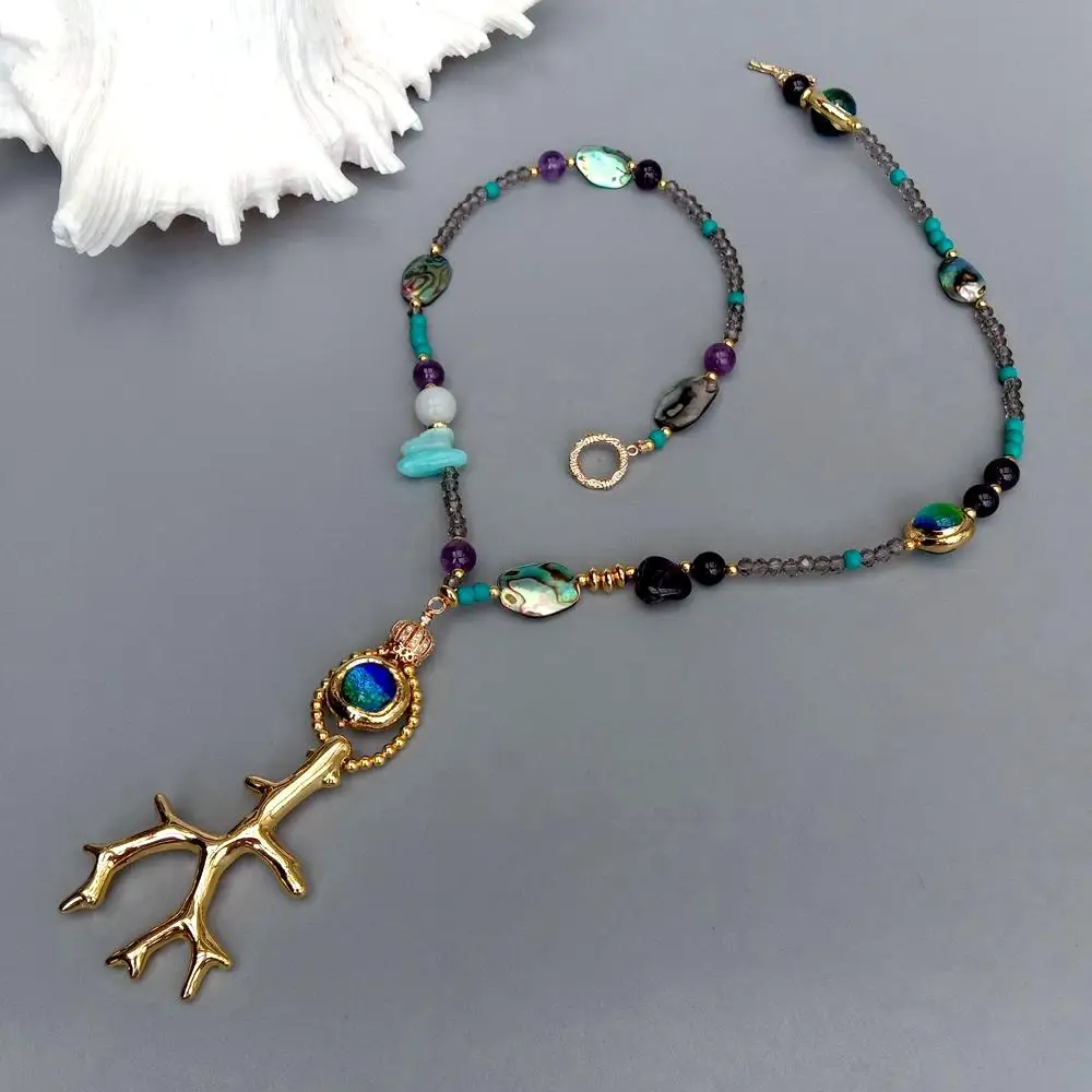 Y·YING Natural Purple Amethyst Murano Glass Turquoise Abalone Shell Necklace Resin Pendant