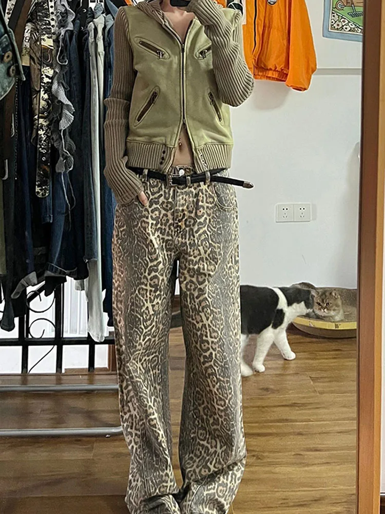 

WCFCX STUDIO Y2K Streetwear Washed Jeans Loose Hip Hop Fashion Straight Leg Jeans American Retro Leopard Print Casual Pants