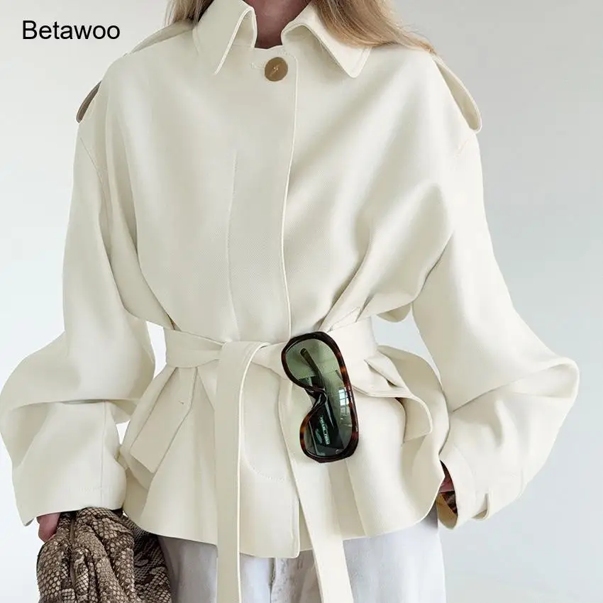 Women's Casual Short Trench Coat with Belt Lapel Neck Long Sleeve Outerwear Spring Autumn Windbreaker Jackets