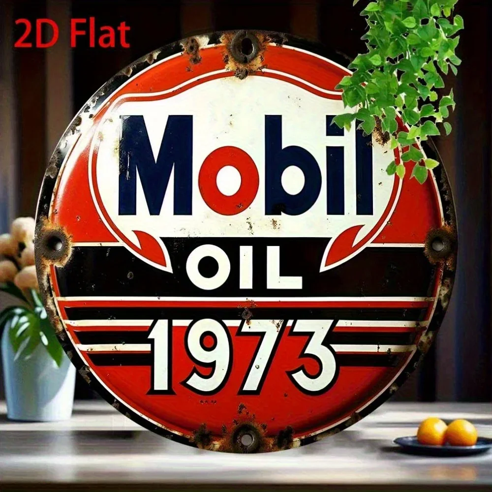 1 Stück Vintage Mobil Oil 1973 Aluminium-Blechschild – Retro-Wandkunst, 2D-Flachmetalldekor für Zuhause, Küche, Garten, Bar, Café, Garage,