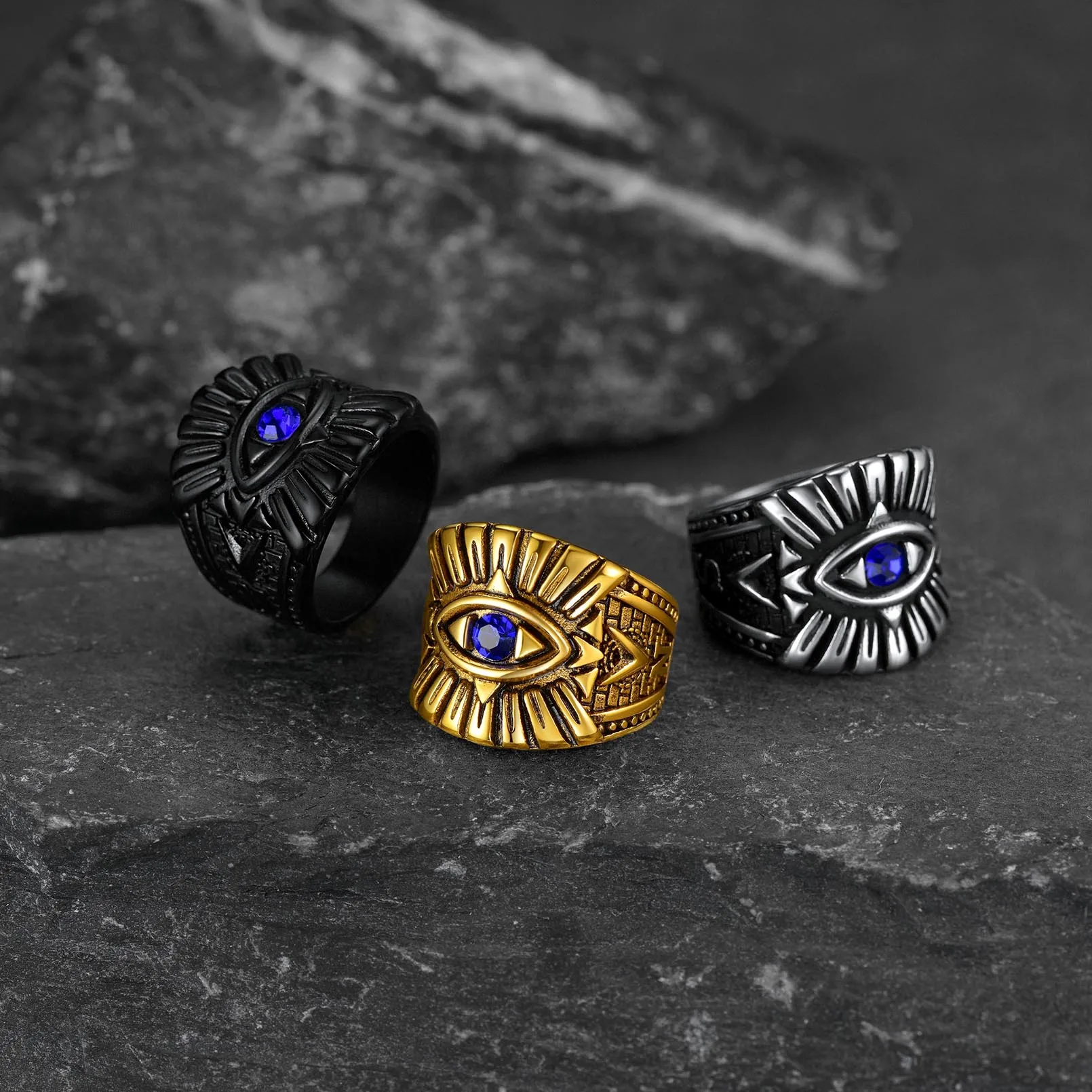 Stainless Steel Big Rings Royal Blue CZ All-seeing Eye Rings for Man Eye of Providence Signet Rings Retro Jewelry Gift for Him