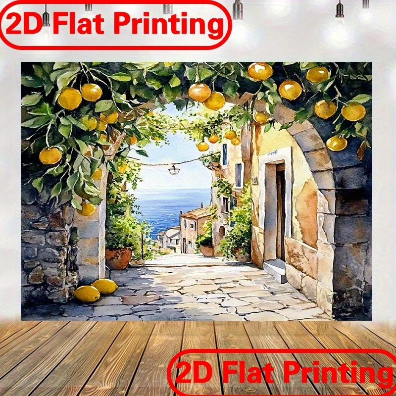 Watercolor Style Italian Village With Lemon Trees And Arched Doorway Art Print For Living Room Bedroom