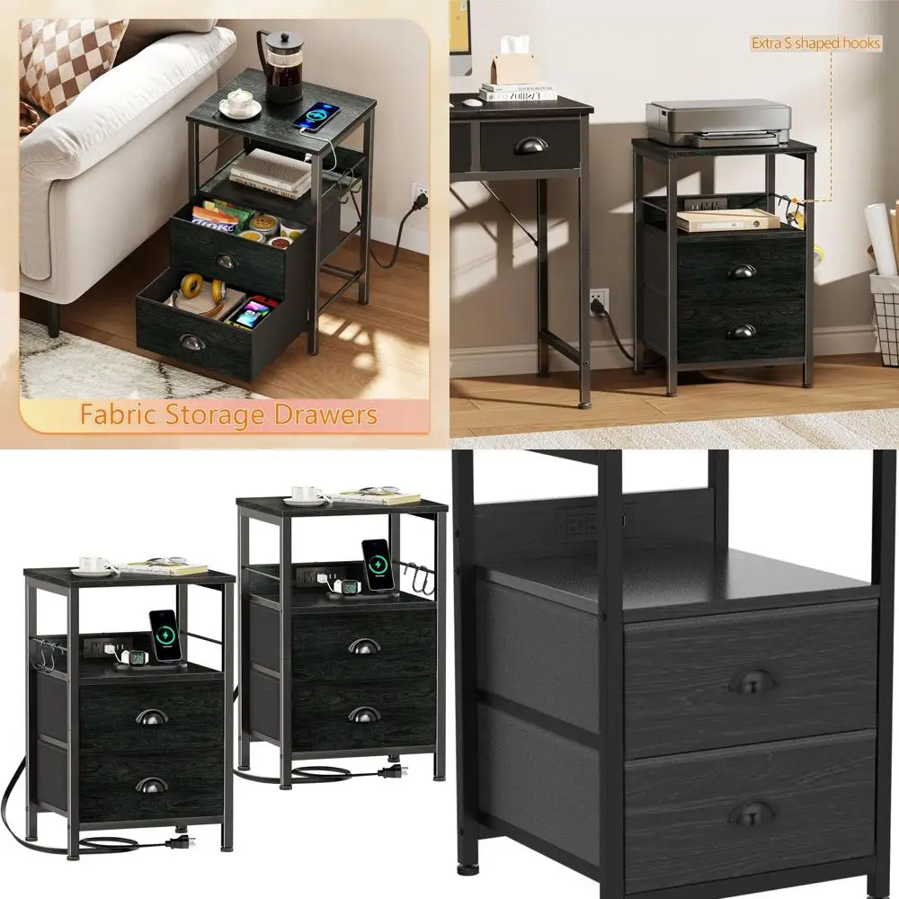 

Pair of Black Oak Nightstands with Charging Dock, USB Ports, Fabric Drawers, Storage Shelf & Hooks for Living Spaces