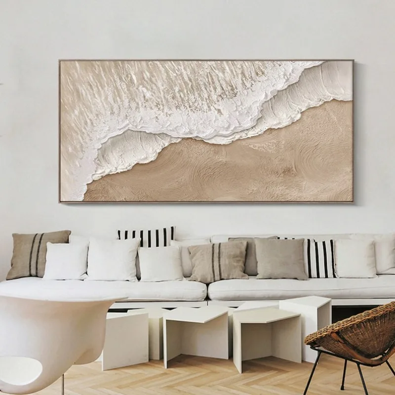 

Large 3D Minimalist Texture Beach Wave Artwork Modern Abstract Mural Painting White Wave Graphic Wall Decor for Living Room