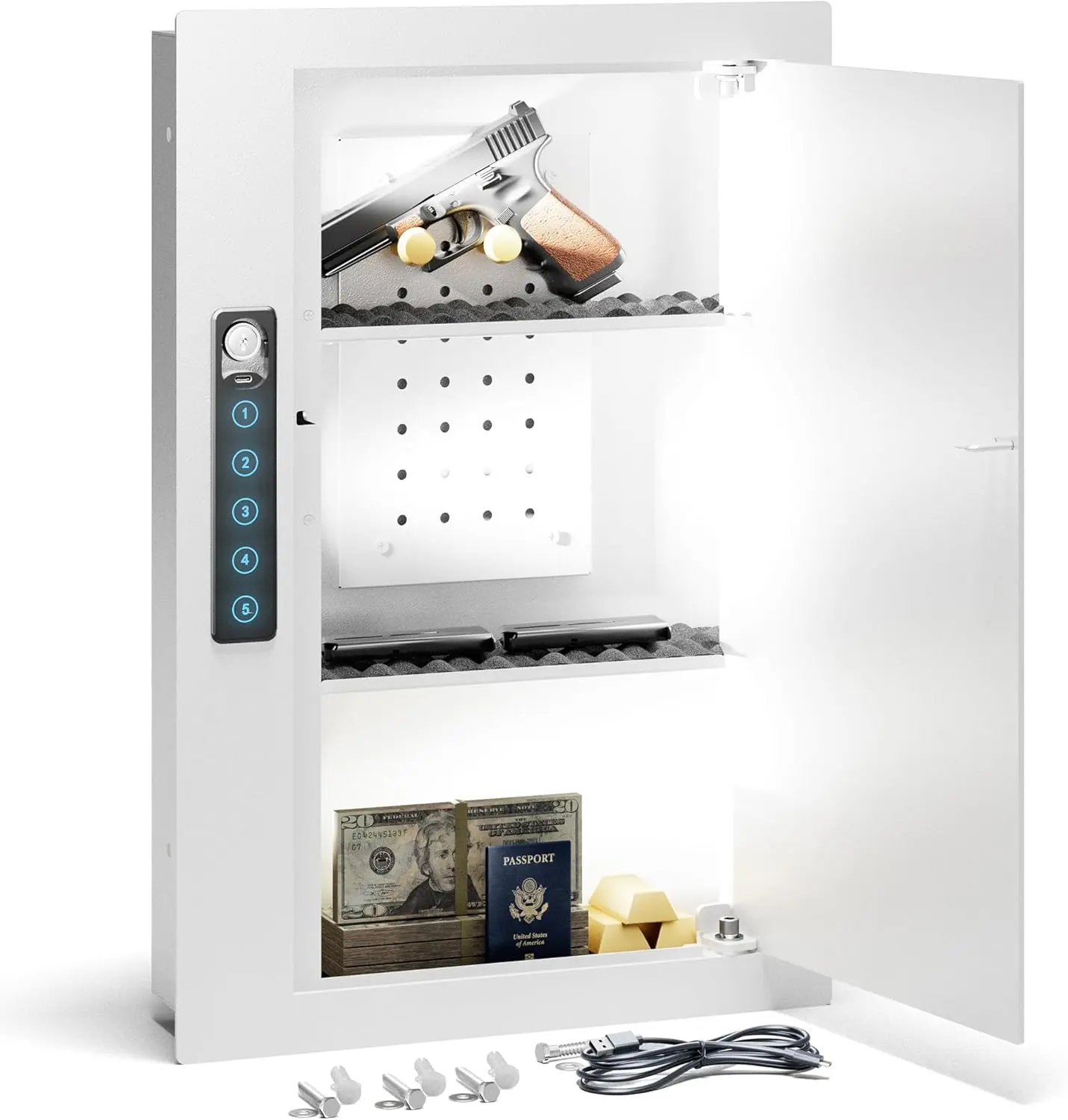 Quick Access White Wall Safe with Removable Pegboard & Shelves, Hidden Between Studs for Valuables and Documents