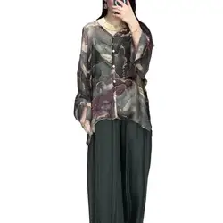 2 Pcs/Set Vintage Women Shirt Top Pants Set Marble Print Single-breasted Blouse Wide Leg Pleated Loose Two Pieces Sets