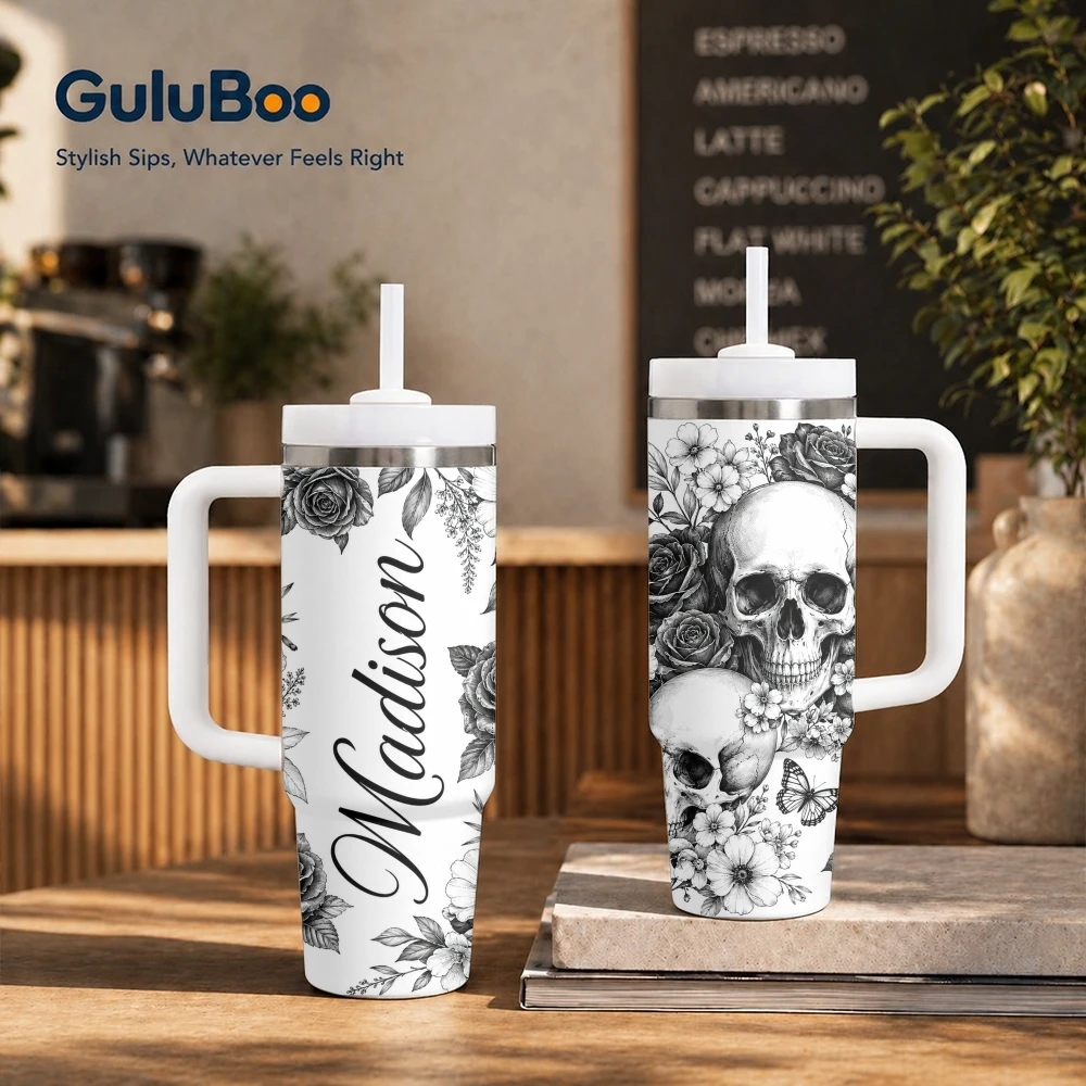 Midnight Aura Purple Skull Rose Vacuum Flasks 40oz Stainless Steel Insulated Tumbler With Handle & Straw Leakproof Travel Mug