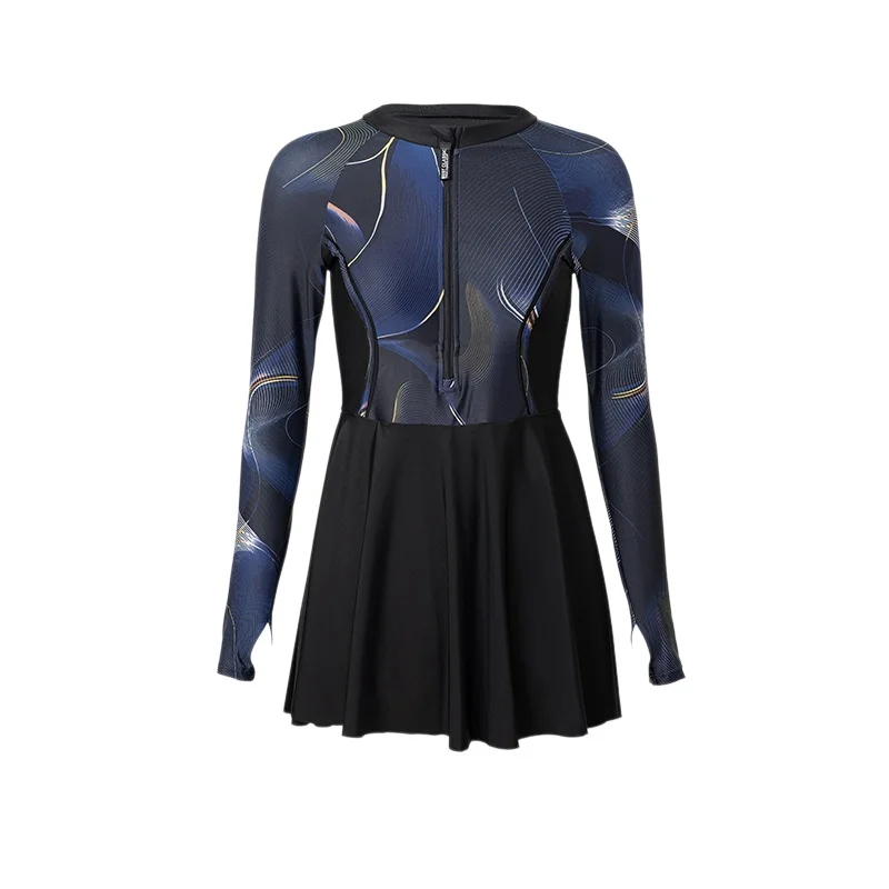 Plus Size Long Sleeve Swimwear Woman Zipper Front UV Protection Printed Bathing Suit Hot Spring Resort Swimdress