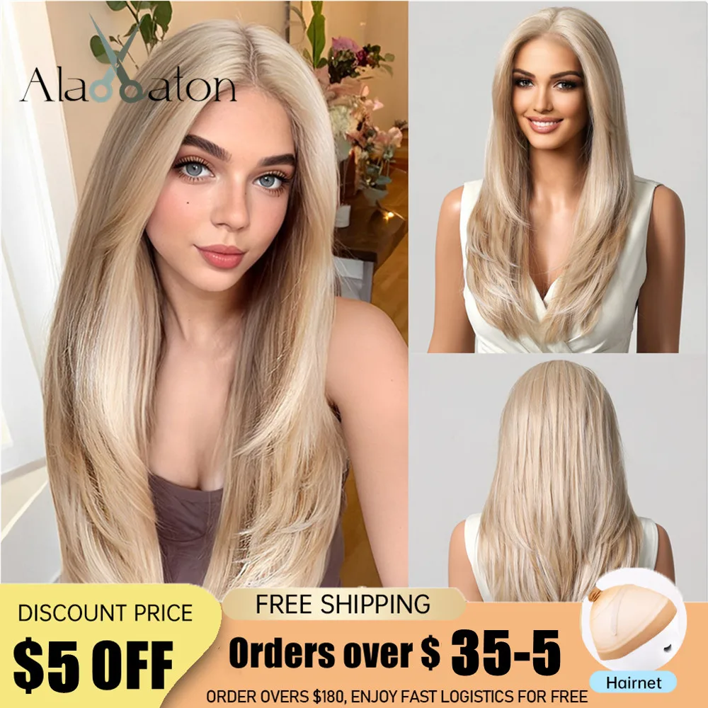 

ALAN EATON Blonde Lace Front Wigs 13*6 Lace Synthetic Wig Long Natural Layered Hair Smooth Straight Wig for Daily Heat Resistant