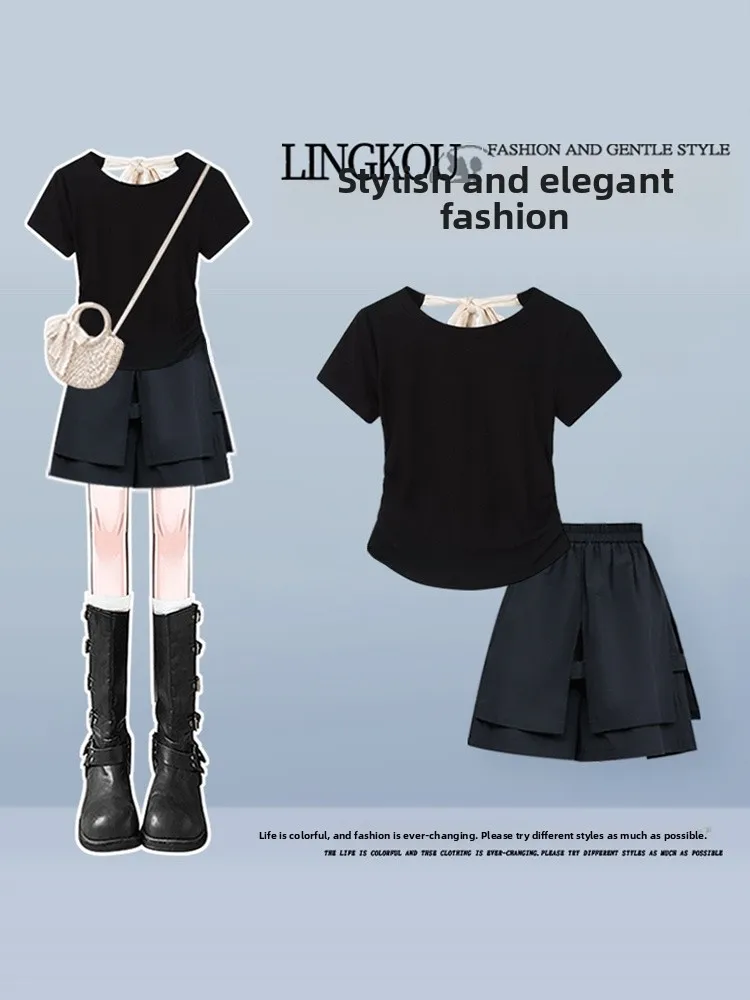 

Летний повседневный комплект для женщин: футболка с коротким рукавом и шорты с высокой талией, дышащие, с круглым вырезом