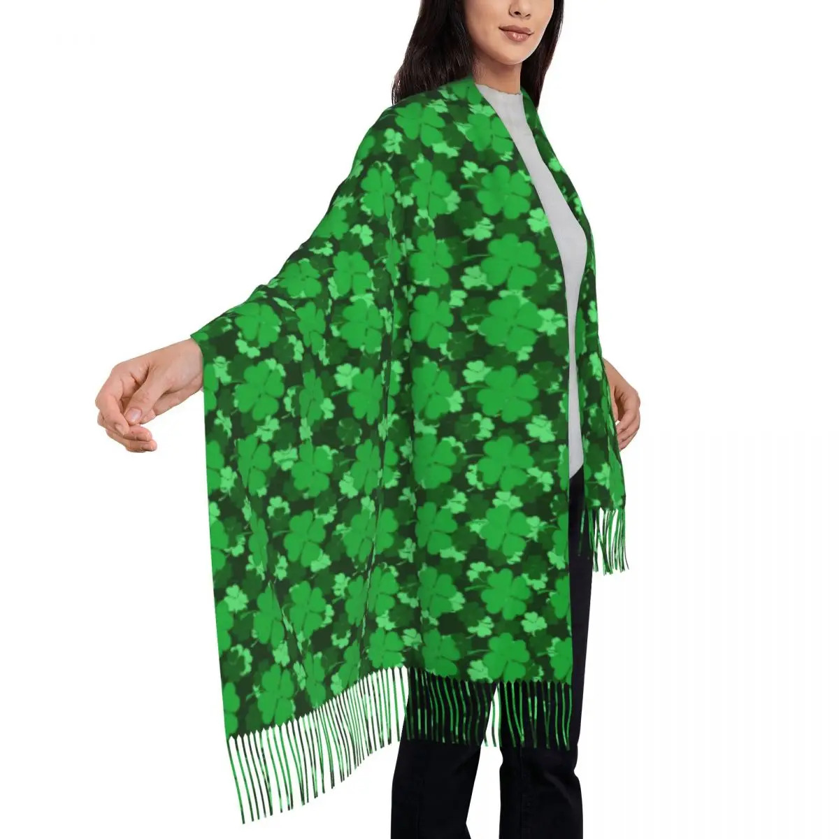 Lady Scarf Outdoor Shades Of Shamrock Headwear Scarves with Long Tassel Green Leaf Print Popular Shawls and Wrap Winter Bufanda