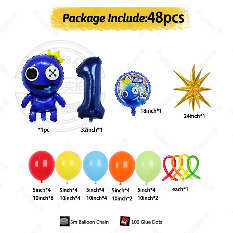 48PCS Cartoon Rainbow Friends Theme Dark Blue Number Balloon Colum Birthday Party Kids Toys Gift Coloured Latex Helium Globos