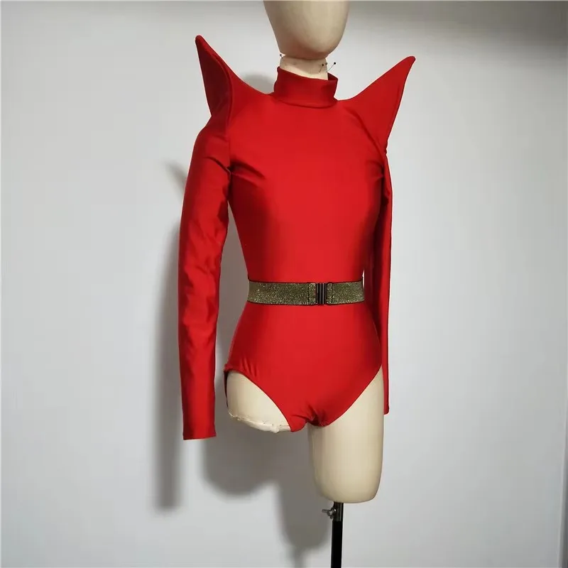 Seksowny damski kombinezon z odkrytymi ramionami, strój tancerki DJ, czerwono-czarny elastyczny obcisły trykot, kostium taneczny na imprezę w barze, do klubu nocnego, na scenę.