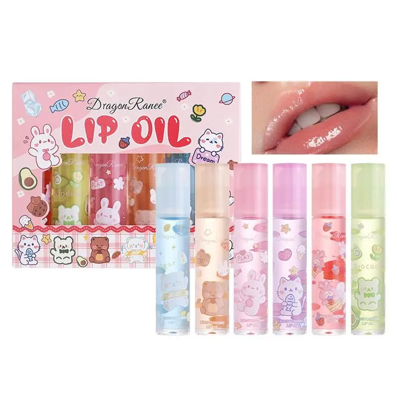 Lip Oil Set Crystal Jelly Moisturizing Flower Lip Gloss 6pcs Non-Stick Long Lasting Lip Kit Liquid For Children Ladies Girls