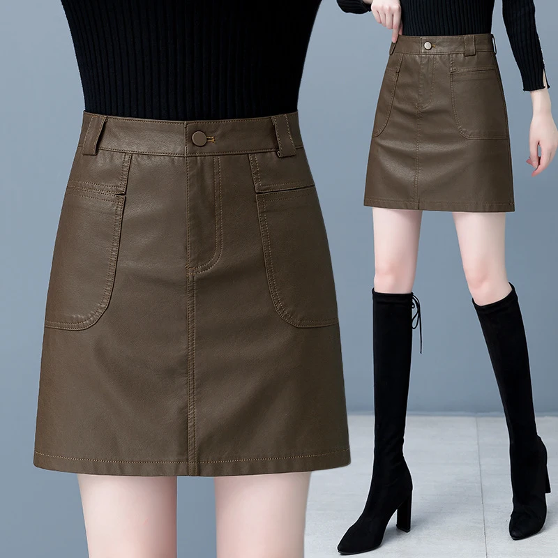 

Коричневая кожаная юбка, женская юбка с высокой талией для осени и зимы, короткая юбка, новая модель 2023 года для миниатюрных женщин, облегающая кожаная юбка.