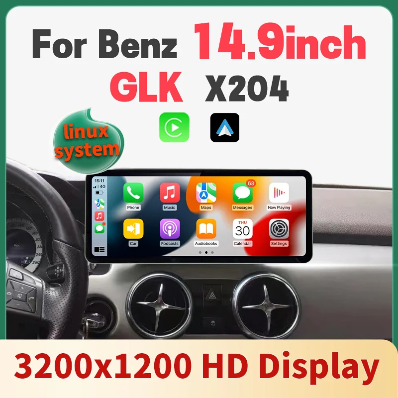 Wireless CarPlay Android Auto Phone Mirror Link 14.9Inch 3200*1200 Linux Screen For Mercedes Benz GLK Class X204 2008‑2015