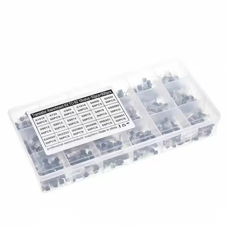 

Набор из 900 диодов и транзисторов TO-92 для маломощных схем, 18 типовых моделей, 50 штук каждого типа