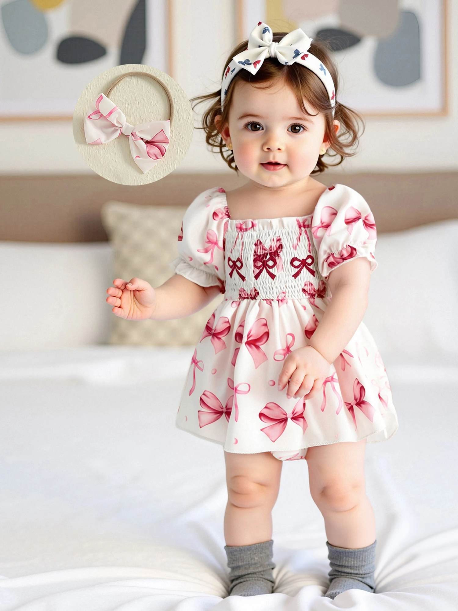 

Summer Infant Baby Clothing Girl Ruffle Short Sleeve Bow Print Romper Jumpsuit Headband Newborn Clothes Outfits