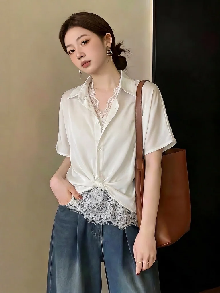 

Lace Trim V-Neck Short Sleeve Acetate Satin Women's Shirt Summer New Style plus Size Korean Style Loose Fit Breathable Skin-F...