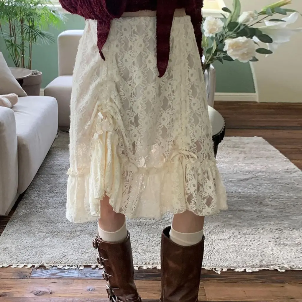 

Women's French Classical Court Style Lace Ruffled Skirt Low Waist Retro Temperament Drawstring A-Line Skirt