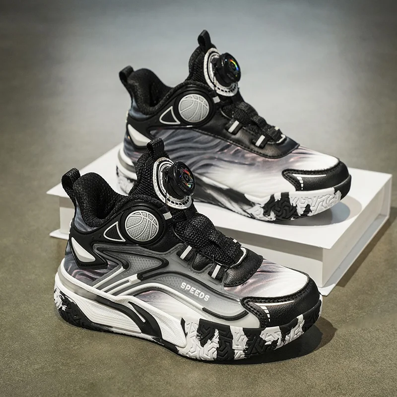 Children's Basketball Shoes Boys' Waterproof Leather Surface Rotating Buckle Anti-Slip and Shock-Absorbing Student Sports Shoes