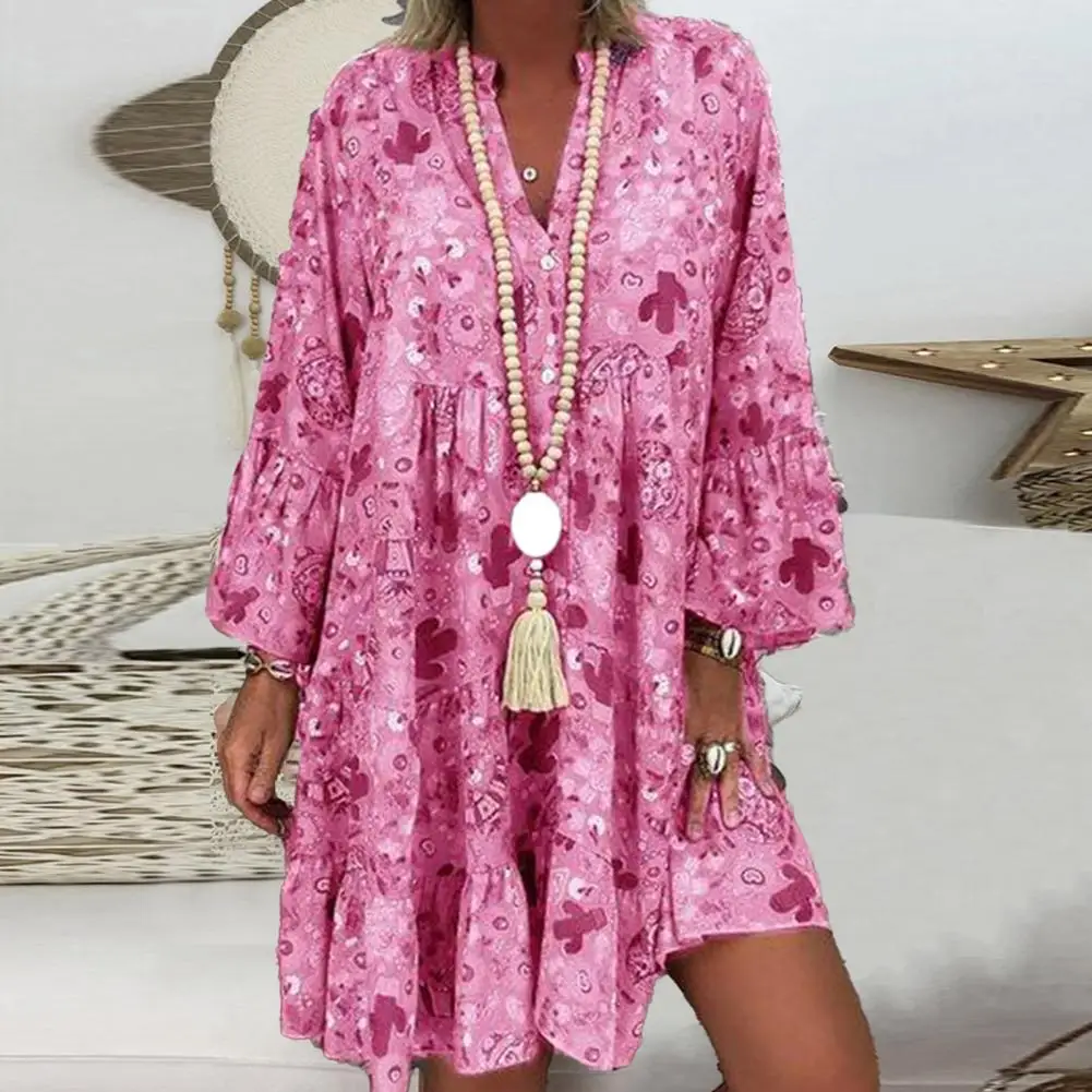 2023 Spring Printing Tassel Boho Mini Dress Women Elegant V Neck A-Line Office Dress Vintage 3/4 Flare Sleeve Summer Beach Dress