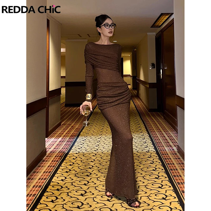 ReddaChic Abito da festa scintillante in maglia per donna Abito da sera aderente a sirena semi-trasparente con scollo a barca e maniche lunghe