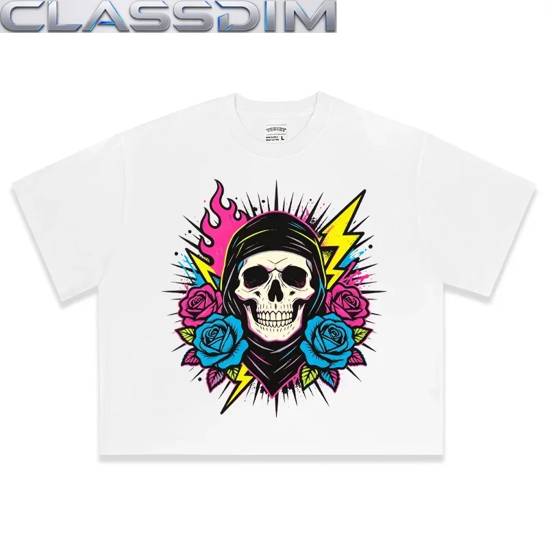 Oversized Skull Roses Lightning Flame T Shirt DTG Printed Punk Rock Graphic Tee Unisex Street Style Casual Short Sleeve Top