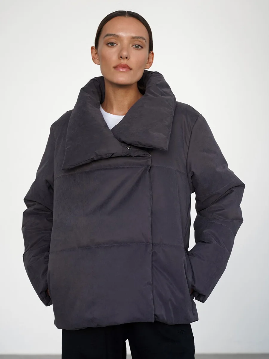 

Bornladies New Autumn Winter Women's Warm High Collar Puffer Coat Design Solid Color Hidden Button Loose Fit Outerwear