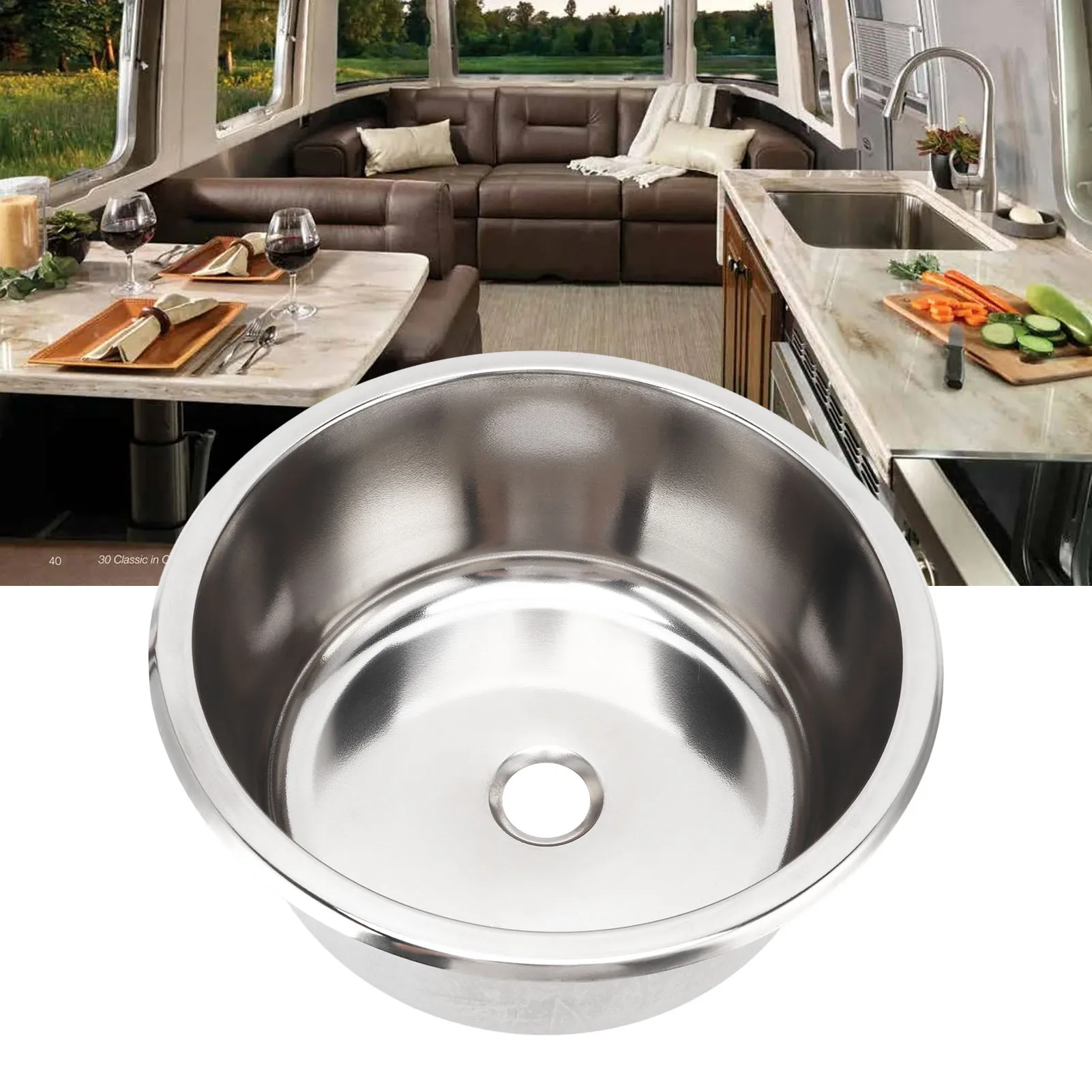 

295x130mm RV Sink 304 Stainless Steel Round Rust Resistant Large Capacity for Yacht Motorhome