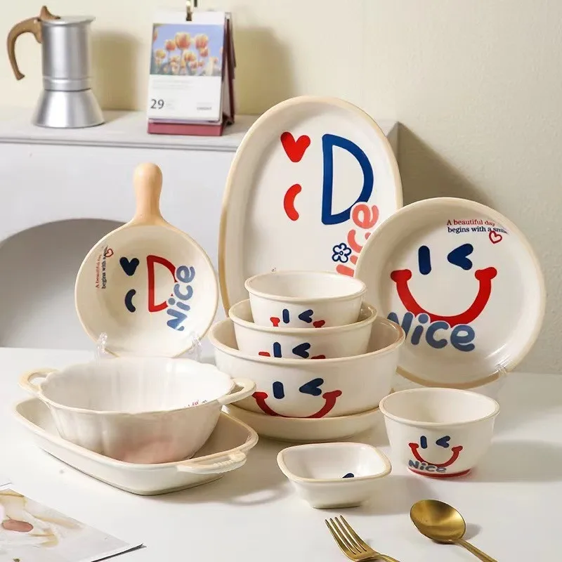 

Hand-Painted Smiling Face Bowl, Winking Face Tray, Ceramic Plate, Soup Pot,Cute Tableware, Gift for Friends