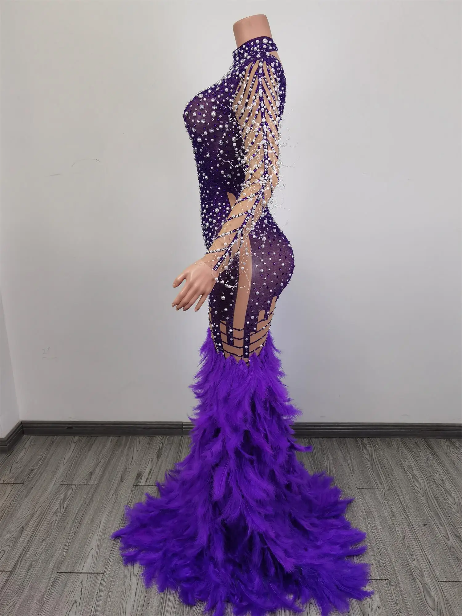 Liantiyumao-vestido de plumas de purplete con diamantes de imitación para mujer, traje Sexy para fiesta de graduación, cumpleaños y celebraciones, 2024