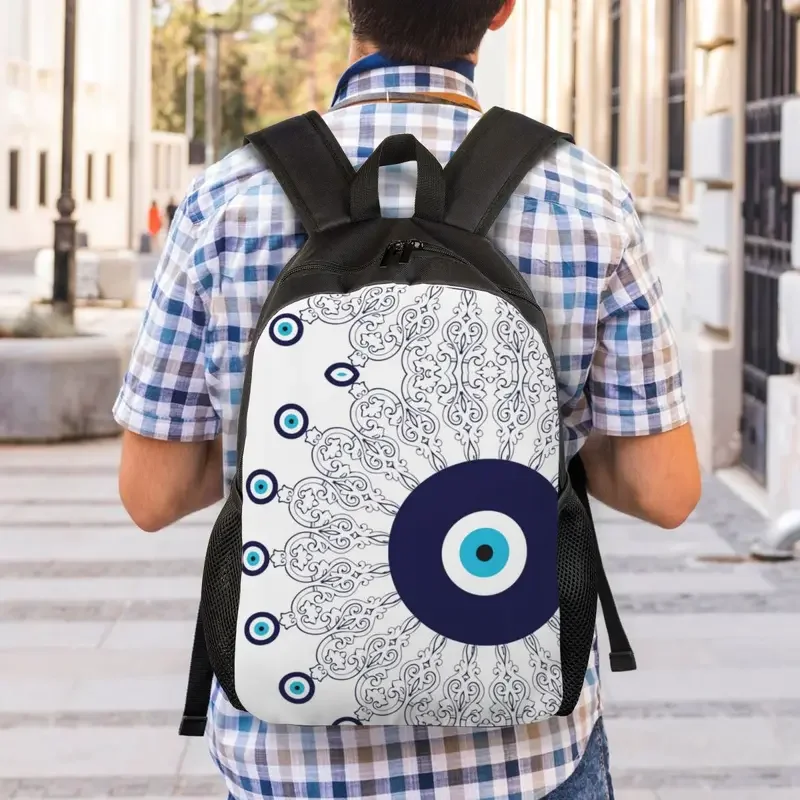 Mochilas personalizadas de color azul marino y blanco para hombre, morral con diseño de Mandala de mal de ojo mediterráneo, informal, para la escuela, universidad, bolsos bohemios