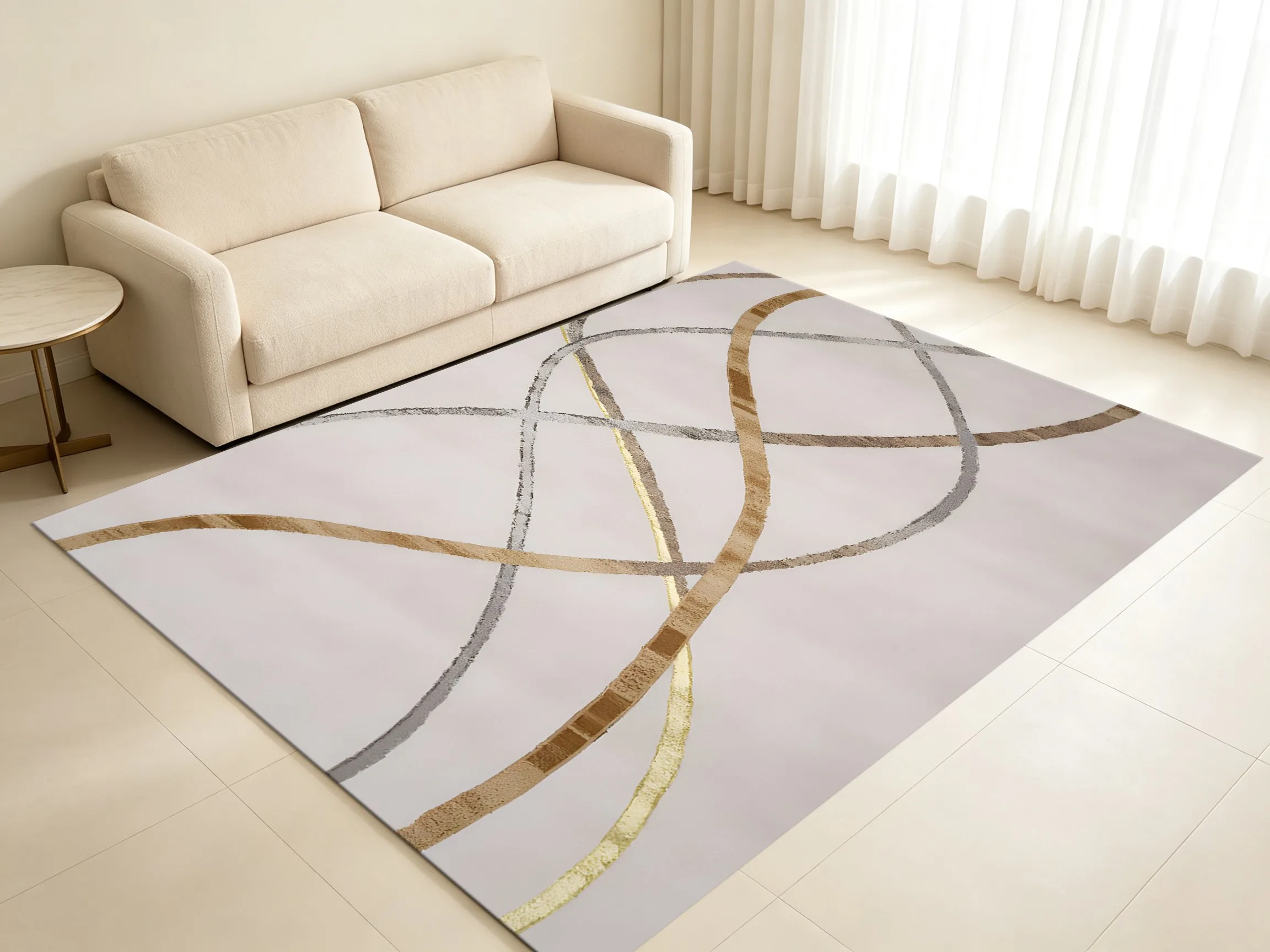 Velvet Rug Beige Base Gold Brown Gray Flowing Line Luxury Style for Living Room Bedroom Home Decor