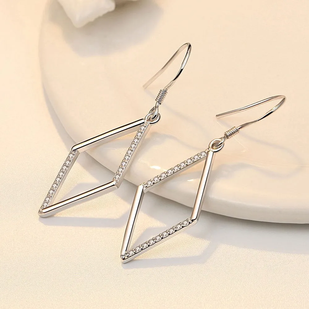 Gorgeous 925 Sterling Silver Hollow Out Triangular Earrings for Women Geometric Shaped Zircon Ear Wedding Jewelry Pendientes
