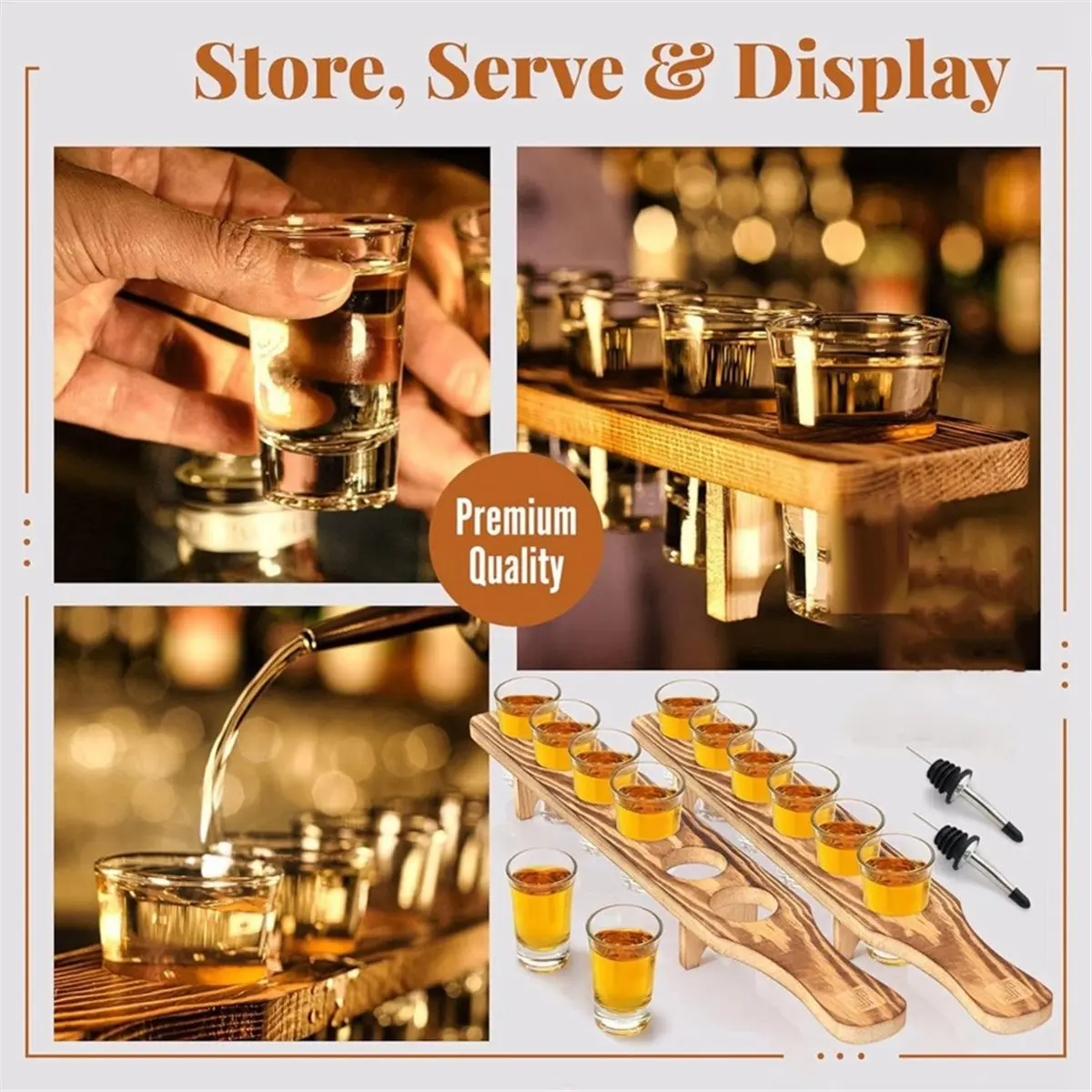 Big Discount Shot Glass Holder Tray Bulk Set - 12 Pcs Clear Shot Glasses Set, Bottle Pourers, - Tequila Glasses with Wooden Tray