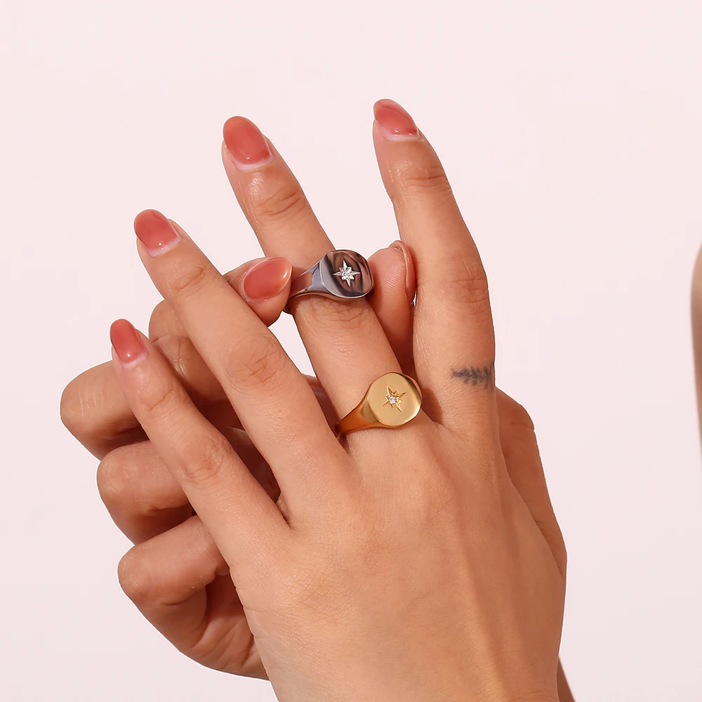 E.B.belle Aspect North Star Seal Ring Silver Color Waterproof 316L Stainless Steel Jewelry 18K Gold Plated Accessories
