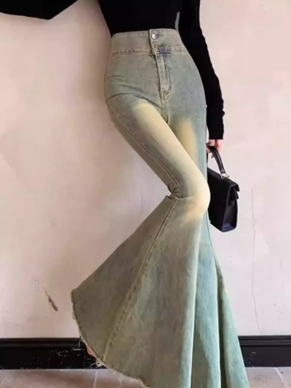Pantalones vaqueros acampanados de cintura alta Retro para mujer, Vaqueros azules de talla grande, moda europea americana, pantalones de pierna ancha de ocio simples y versátiles
