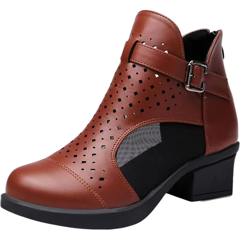 

Women's Genuine Leather Mesh Block Heel Ankle Boots Spring Summer New Round Toe Hollow Out High Heel Zippers Cool Boots Sandals