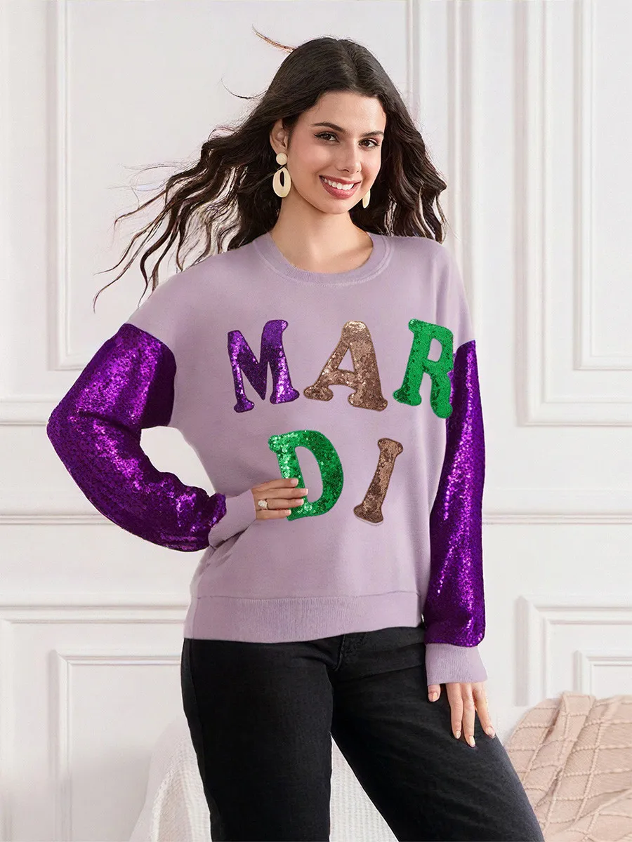 Women Casual Loose Carnival Sweatshirt Autumn Long Sleeve Round Neck Sequins Letter Pullover Tops Ladies Fall Hoodies Outerwear