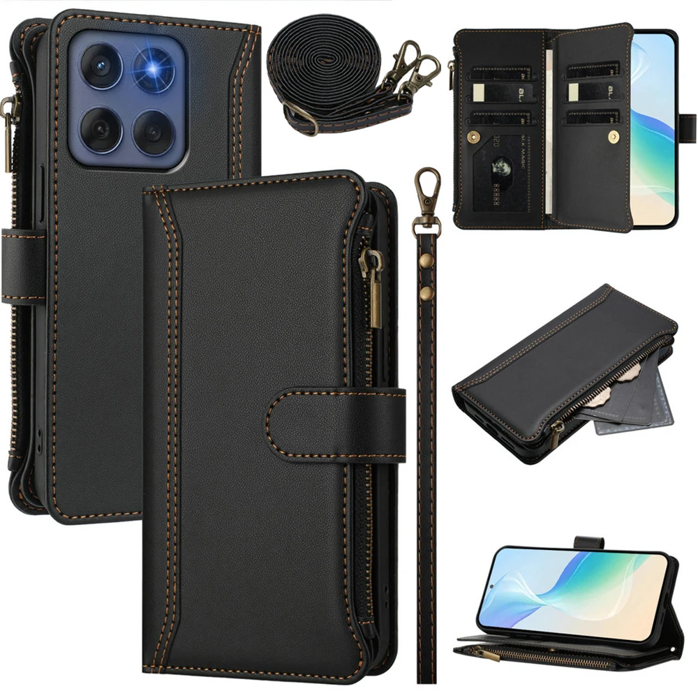 

Flip Case For Motorola G56 G86 G96 5G 2025 Crossbody Zipper Leather Wallet Case Moto G66J G66Y G56 G 56 G86 G96 Luxury Cover