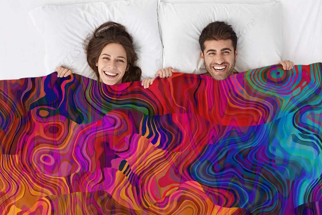 Colorful Chaotic Waves Throw Blanket Purple Fuchsia Pink Red Orange Gold Blue Rainbow Pattern Decorative Soft Warm Cozy Flannel