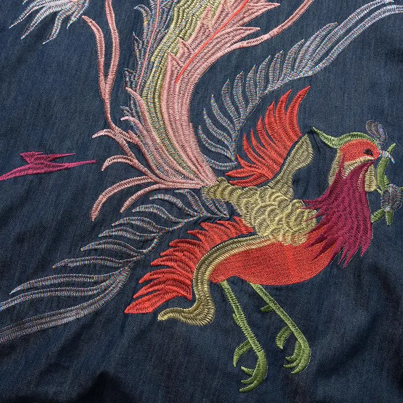 2024 Cina gaya mantel panjang wanita nasional phoenix jaket bordir vintage Cina tang suit longgar Tradisional jaket denim