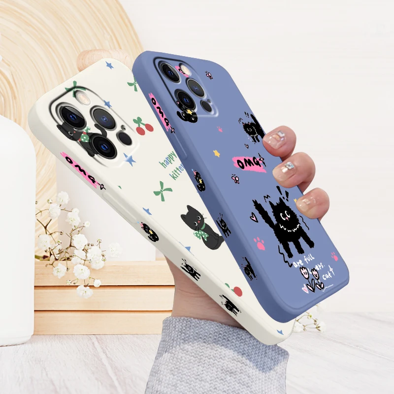 

Black Cat Cartoon Cute Fashion Liquid Left Rope For Apple iPhone 15 14 13 12 11 XS XR X 8 7 SE Pro Max Plus Mini TPU Phone Case