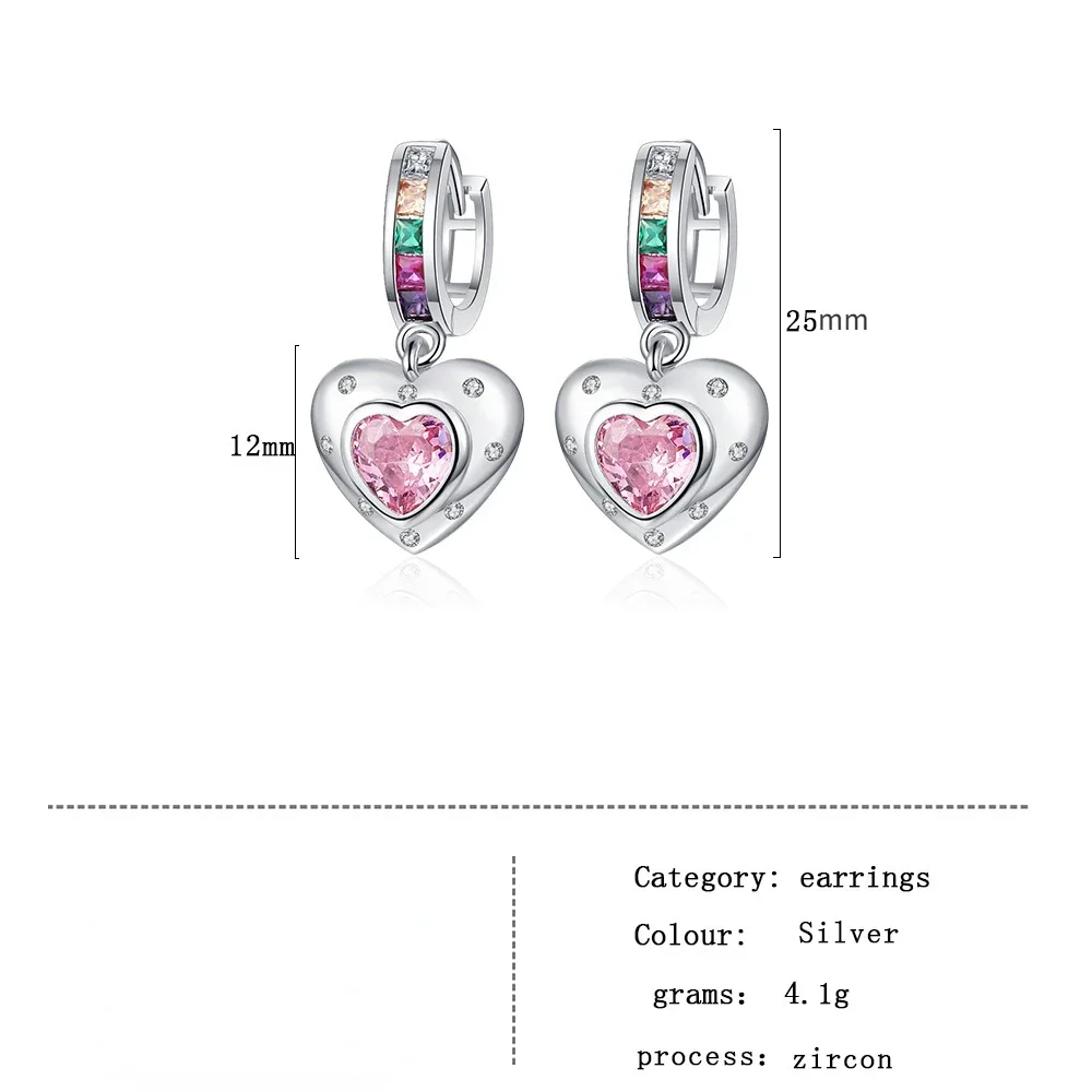 925 Sterling Silver Pink Crystal Love Heart Drop Hoop Earrings for Women Fashionable Trend Party Jewelry view 6
