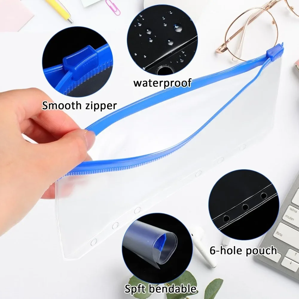 2-24Pcs Clear Binder Pockets A6 6-Hole Waterproof PVC Organizer Cash Budget Envelopes Zipper Binder Pouches for Notebook Planner