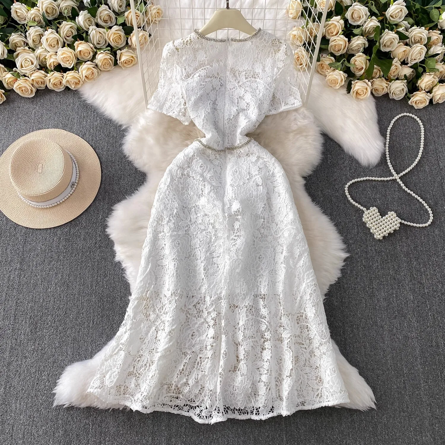 Elegant Summer Embroidery Lace Long Dress Women Short Sleeve Crystal Luxury Formal Evening Dresses Party Beading Vestidos